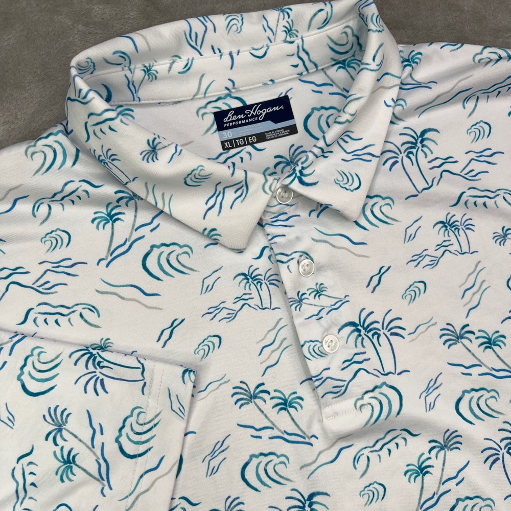 Ben Hogan Polo Shirt Mens XL White Tropical Palm Tree Print Performance Stretch